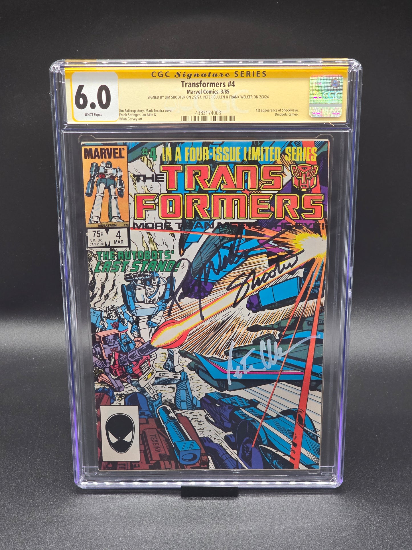 The Transformers #4 3/85 CGC SS 6.0 signed by Peter Cullen, Frank Welker, and Jim Shooter