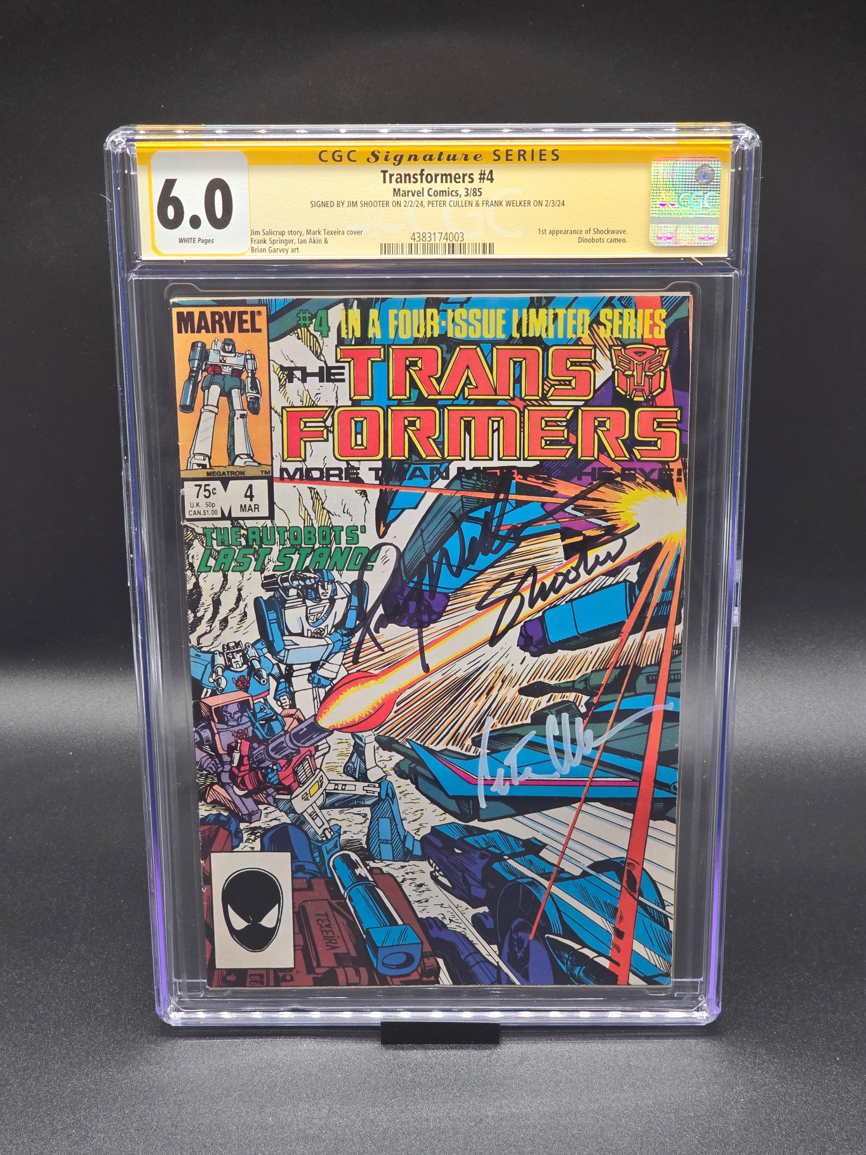 The Transformers #4 3/85 CGC SS 6.0 signed by Peter Cullen, Frank Welker, and Jim Shooter