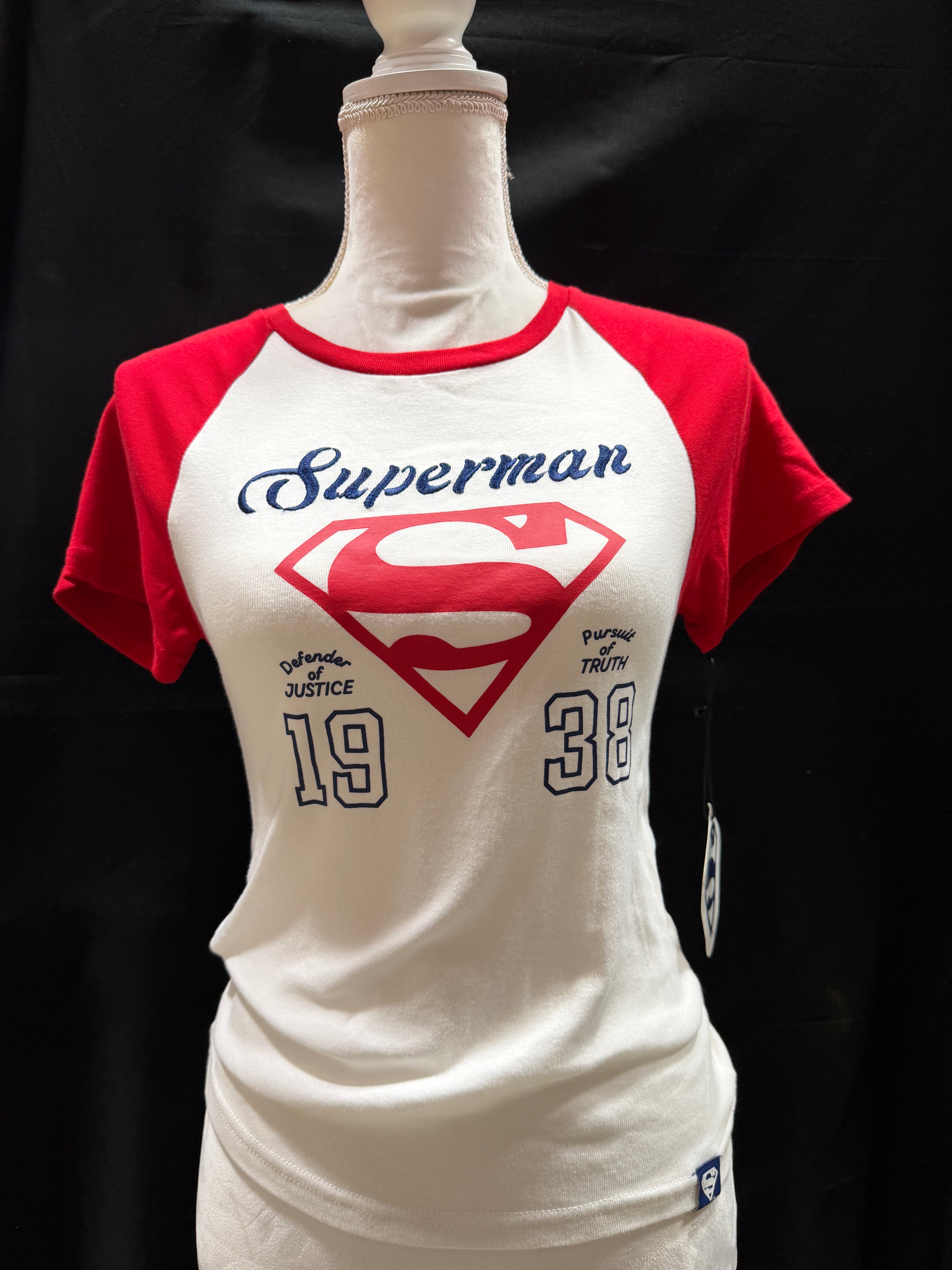 Women's Red, White, & Blue Embroidered Superman Top