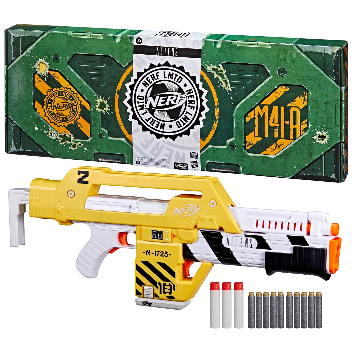 Aliens M41A Pulse Blaster Nerf Limited Edition, Dual Blasting, LCD Dart Counter, Clip, 10 Nerf Elite Darts, 3 Nerf Mega Darts Prop Weapon