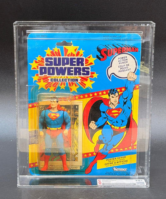 Superman (Power Action Punch) Super Powers Action Figure Kenner 1984 12 Back Card (Canadian Card) Graded CAS 75+, with COA