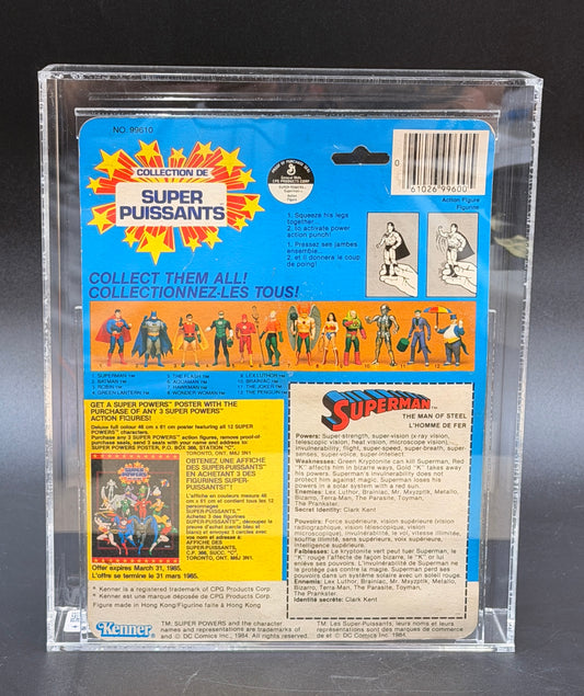 Superman (Power Action Punch) Super Powers Action Figure Kenner 1984 12 Back Card (Canadian Card) Graded CAS 75+, with COA