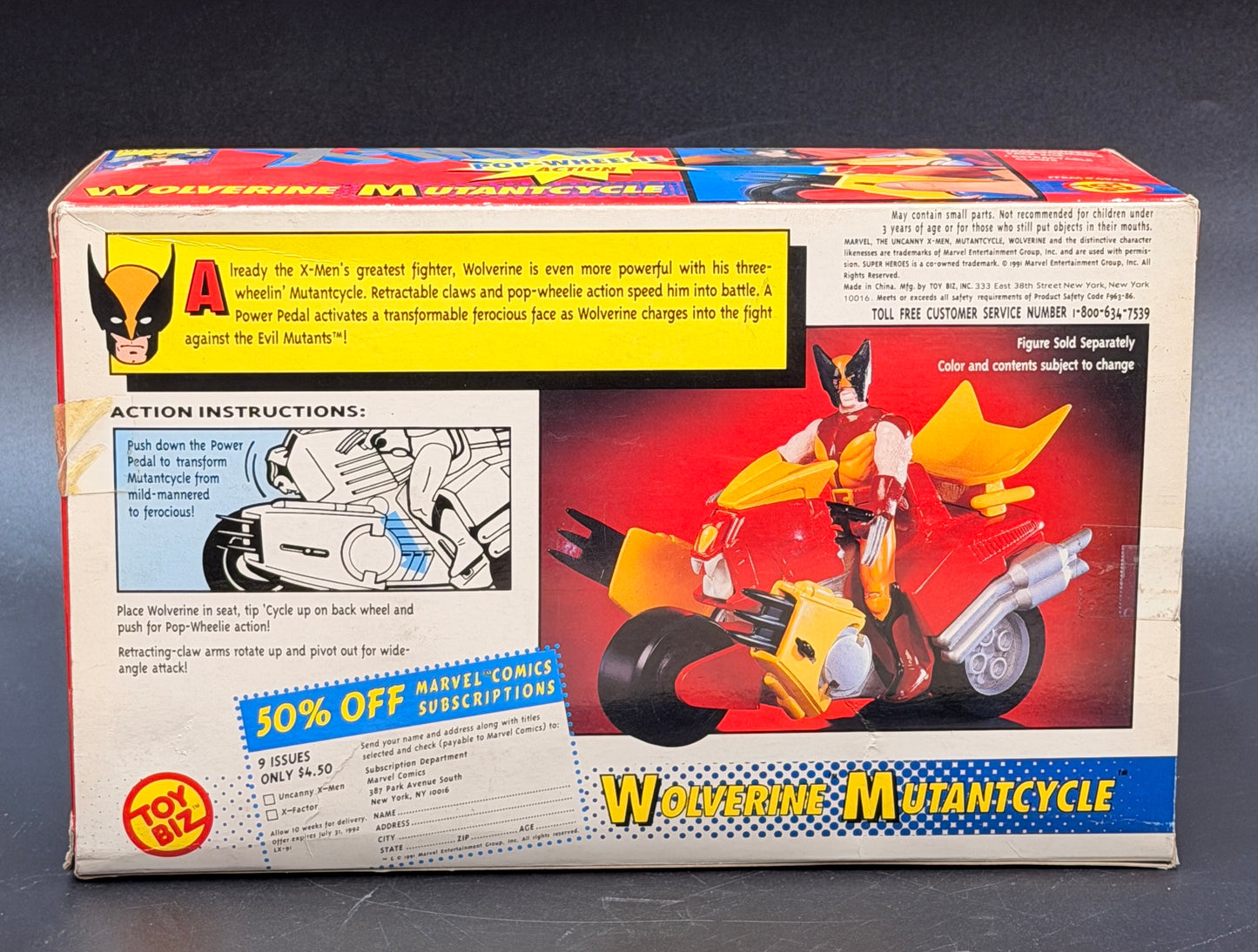 "Wolverine Mutantcycle" (Pop-Wheelie Action) Action Figure Vehicle X-Men Toybiz 1991 (Open Box,New)