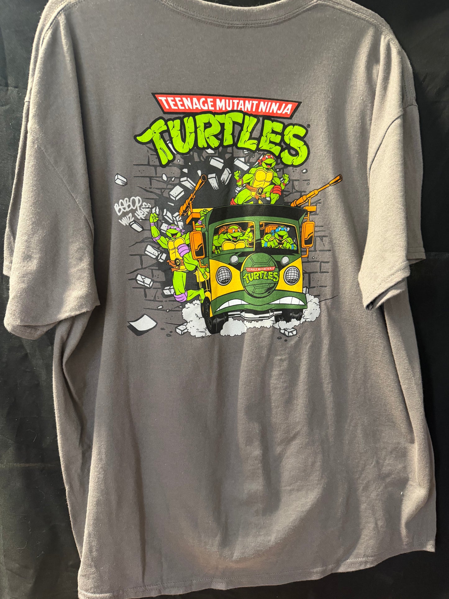 Official TMNT Gray Shirt – Classic 1987 TV Series Logo Front & Party Van Back Graphic