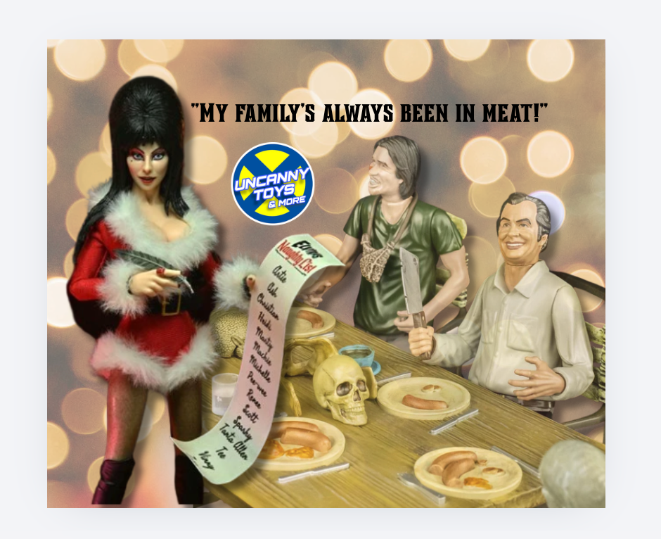 Elvira Very Scary X-Mas NECA action figure and Texas Chainsaw Massacre 1974 Dinner Scene Playset by Trick or Treat Studios