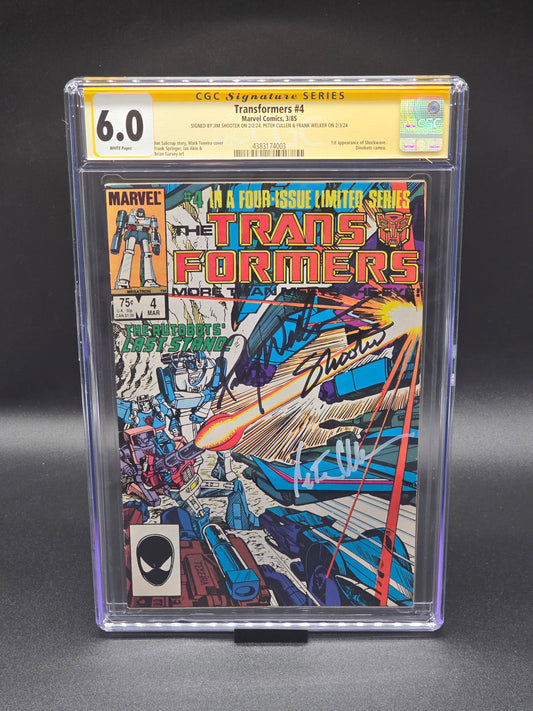 The Transformers #4 3/85 CGC SS 6.0 signed by Peter Cullen, Frank Welker, and Jim Shooter