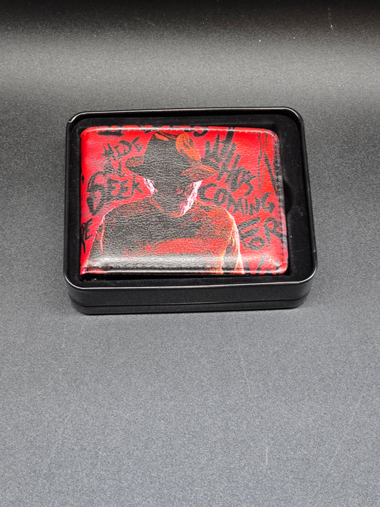 Freddy Pose2 + Hand Scratching Quote Scrawls Reds Black Bi-Fold Wallet