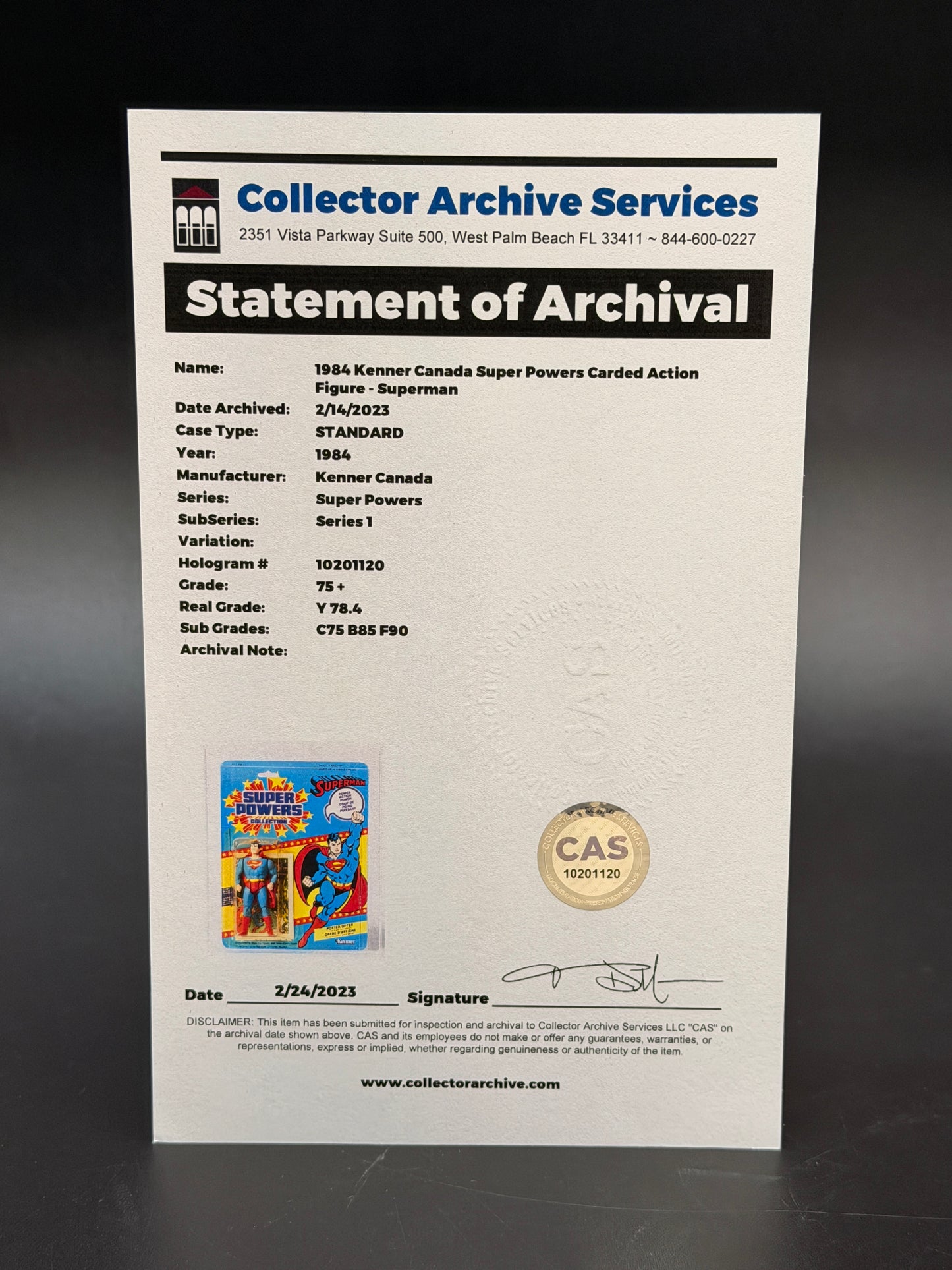 "Superman" (Power Action Punch) Super Powers Action Figure Kenner 1984 12 Back Card (Canadian Card) Graded CAS 75+, with COA